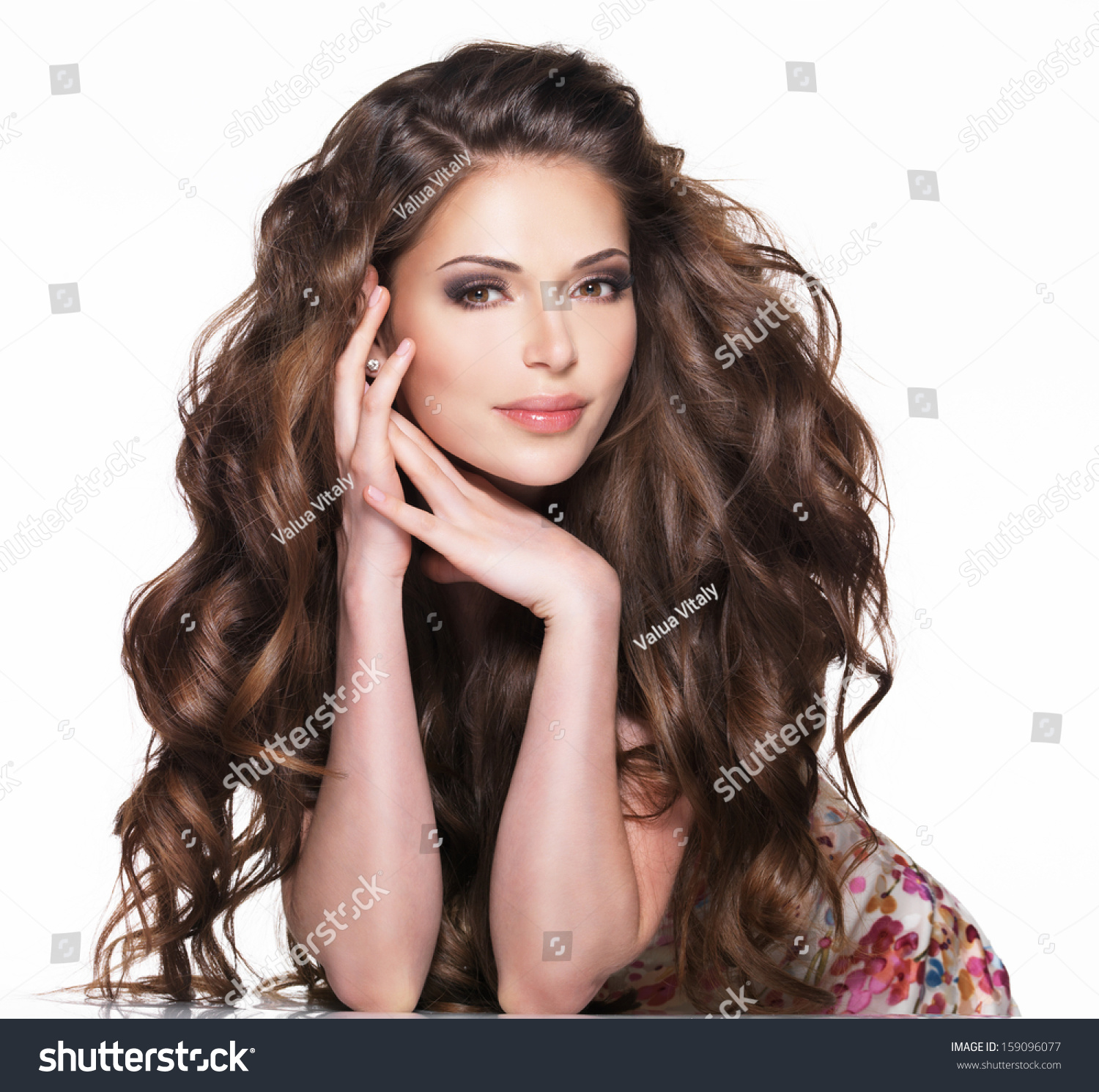 Beautiful Adult Woman With Long Brown Curly Hair Fashion Model Over White Background Stock 