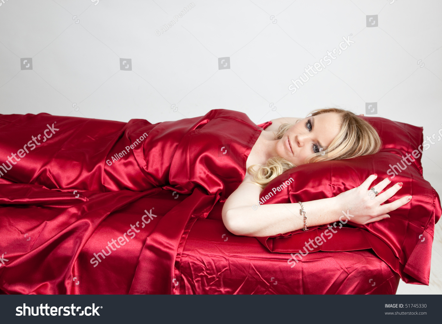 Beautiful Blond Woman Bed Red Satin Stock Photo Shutterstock