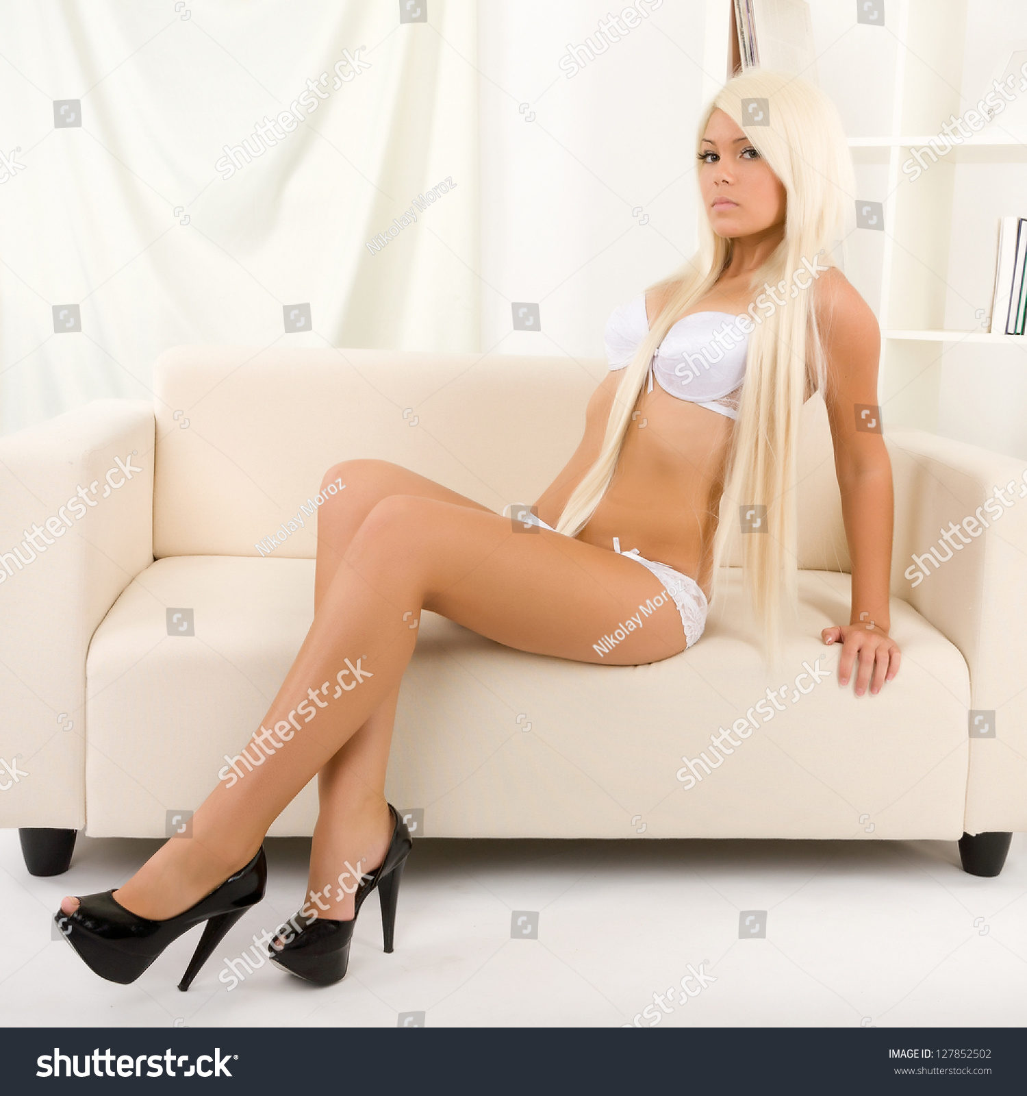 Beautiful Blonde Lingerie On Couch Stock Photo 127852502 Shutterstock