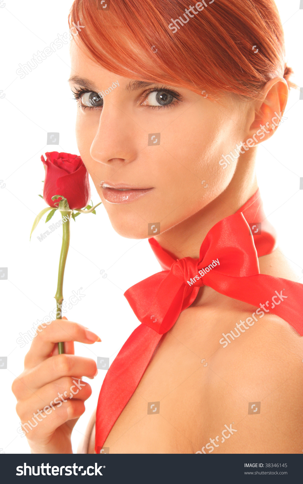 Beautiful Bright Woman With A Red Ribbon On A Neck Stock Photo 38346145 