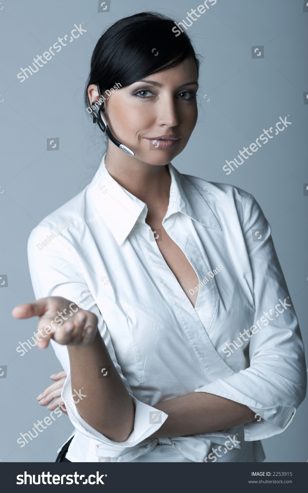 Beautiful Brunette Business Woman Wireless Headset Stock Photo 2253915