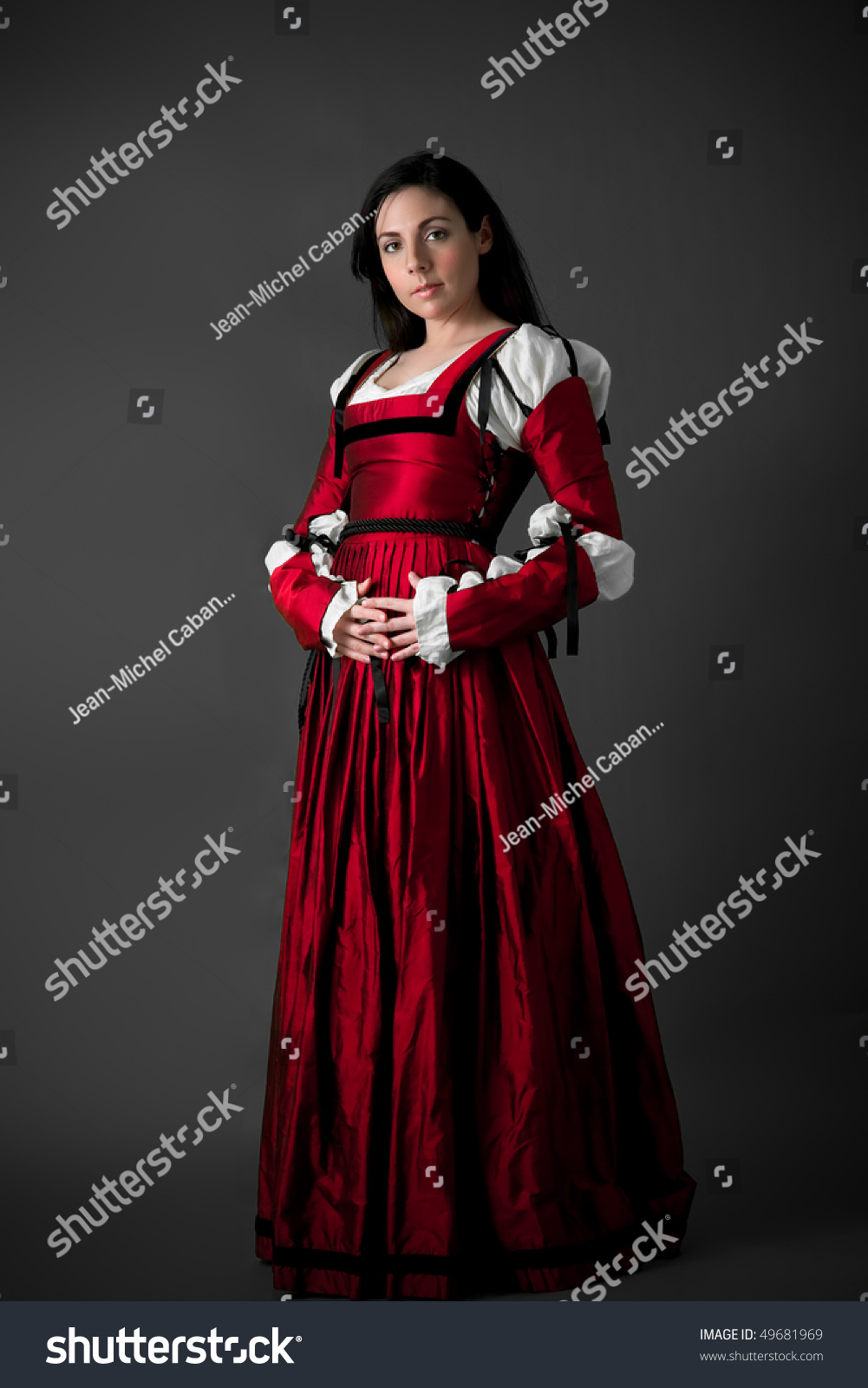 Beautiful Brunette Woman In Red Renaissance Dress- On Grey ...