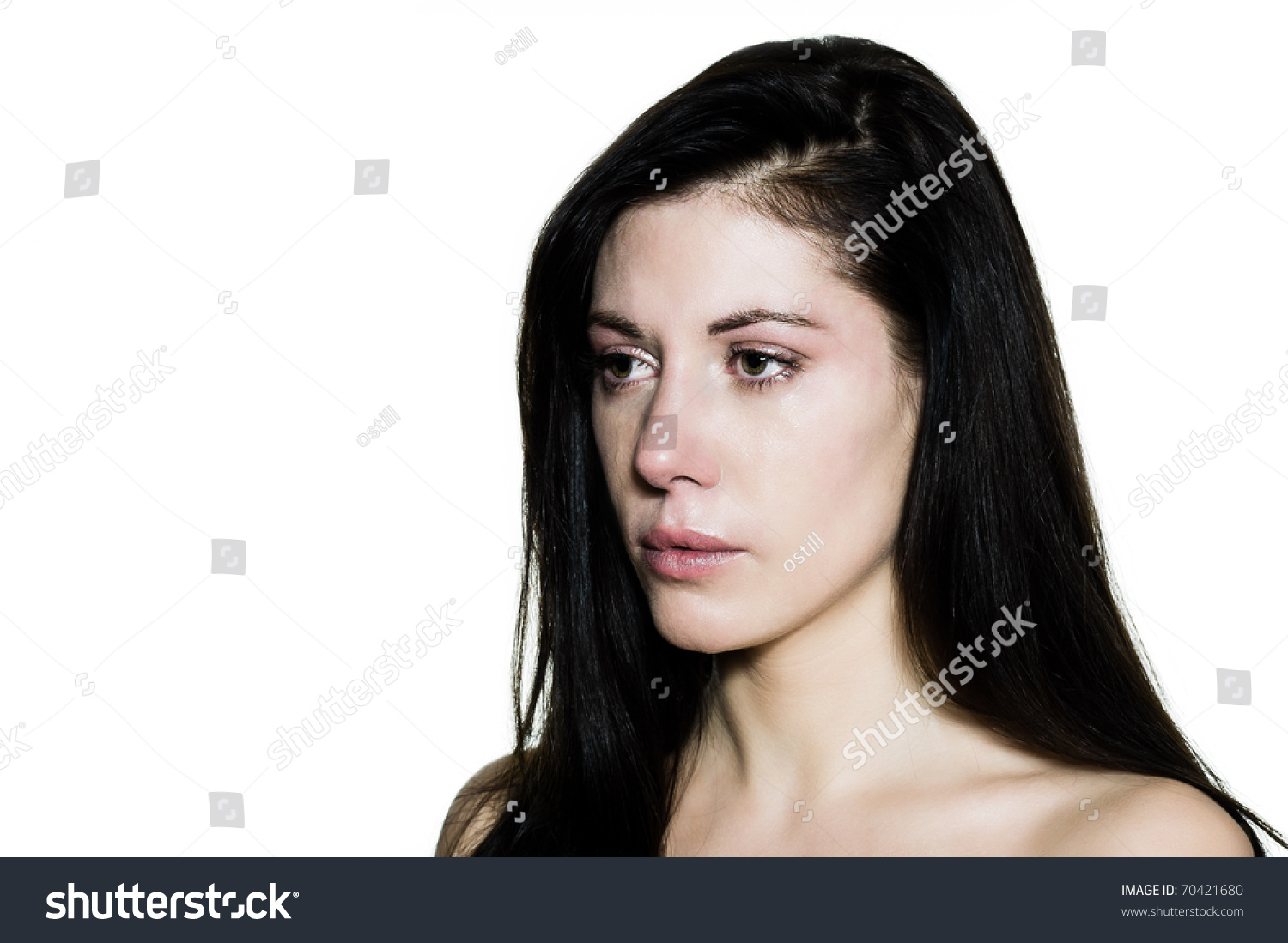 Beautiful Caucasian Woman Crying Despair Topless Portrait On Studio Isolated White Background