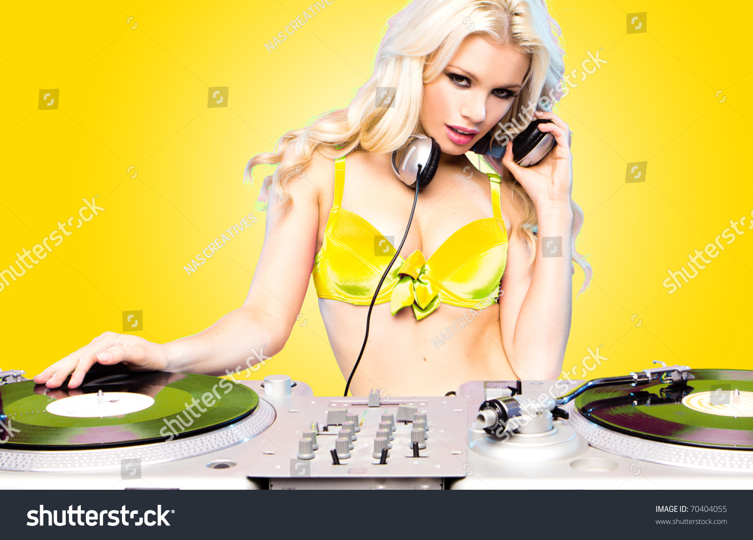 Beautiful Dj Girl On Decks On The Party Blonde Model On Aqua Blue