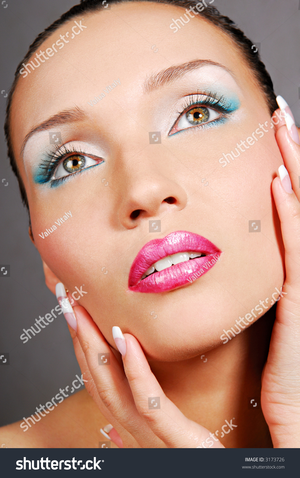 Beautiful Face Blue Make Up For Eyes Green Eyes Stock