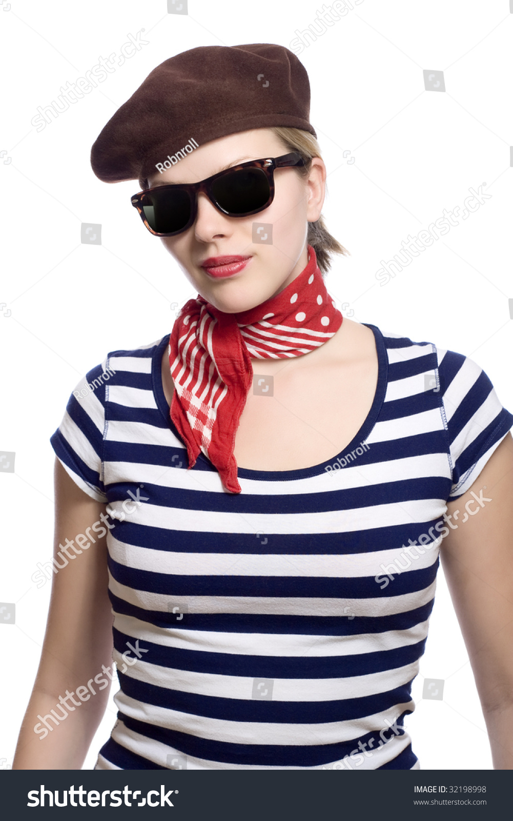 Beautiful Girl With Red Bandana Beret And Striped Shirt In A Classic 60s French Look Stock 