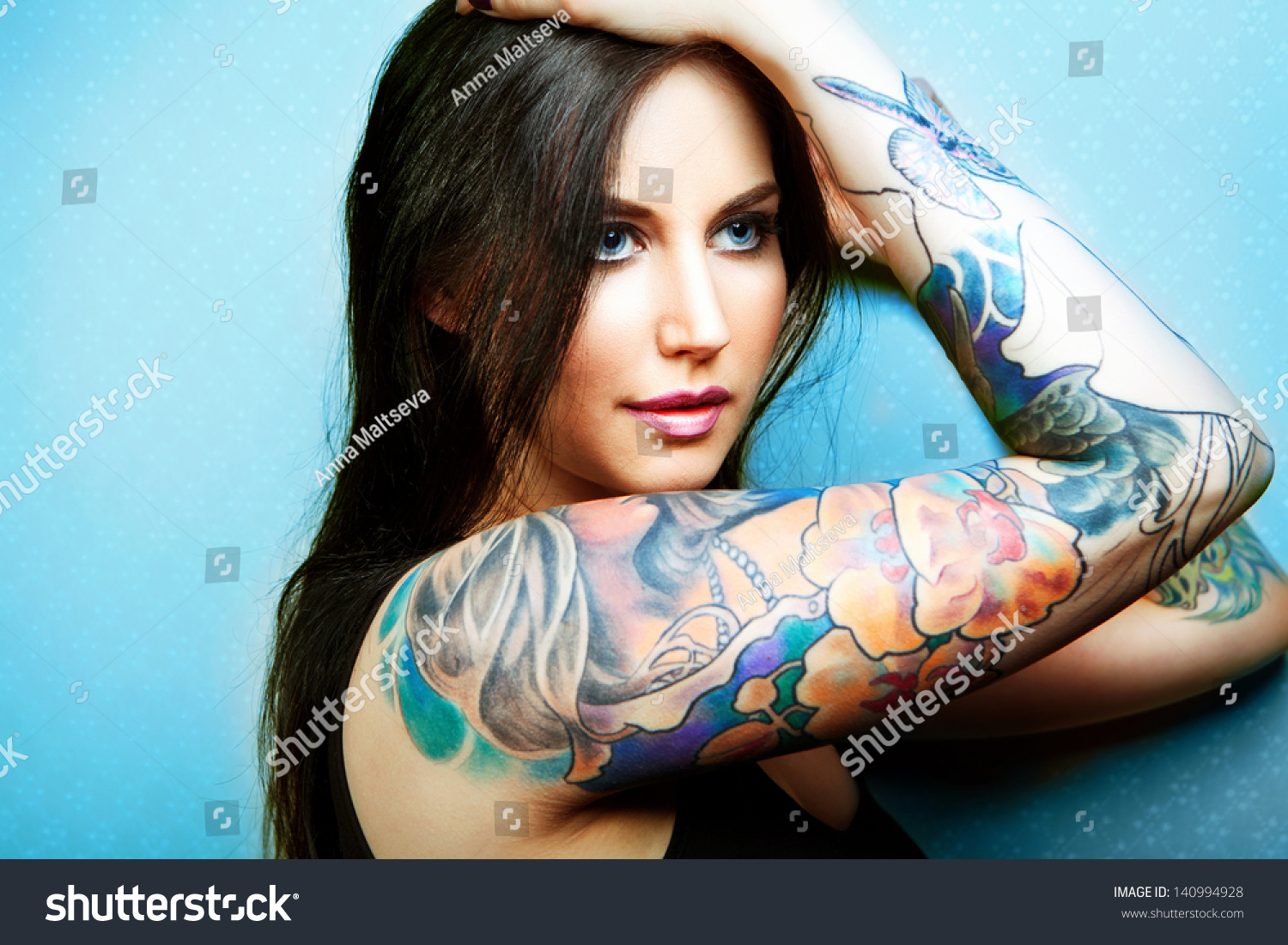 Beautiful Girl With Stylish Make Up And Tattooed Arms Tattoo Stock