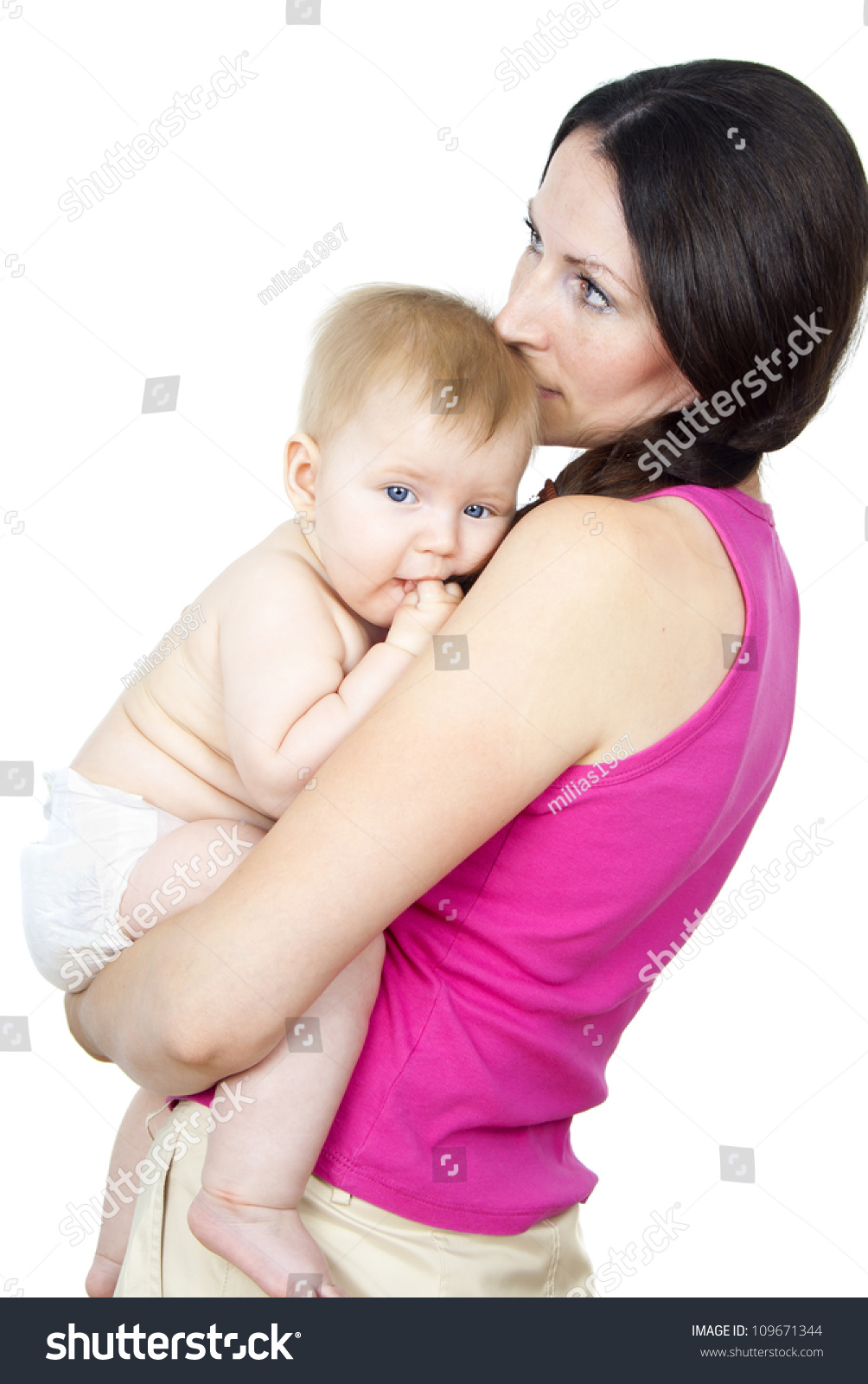 Beautiful Naked Mother Holding Baby In Her Arms Stock 