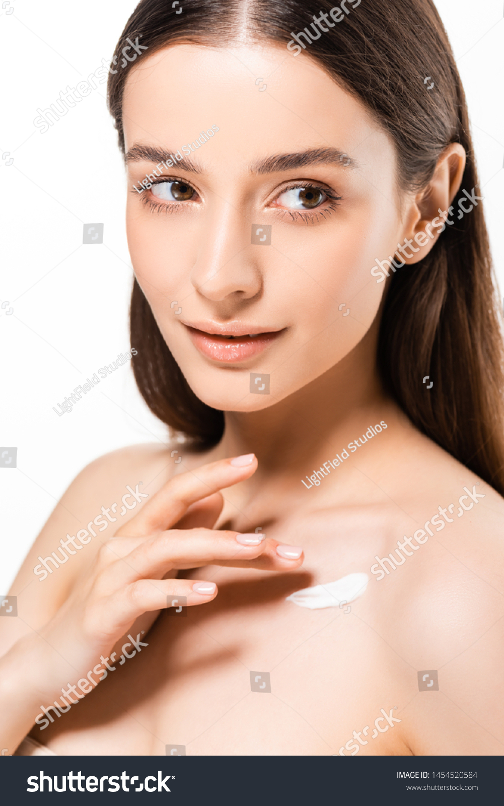 Beautiful Naked Woman Perfect Skin Applying Stock Photo