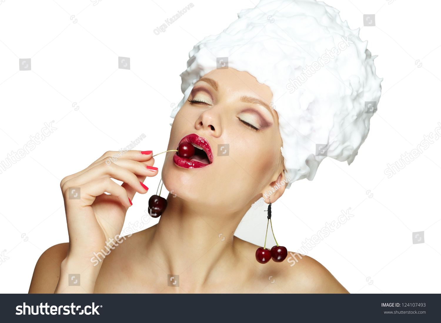 Beautiful Naked Woman Red Lips Cream Foto Stok 124107493 Shutterstock