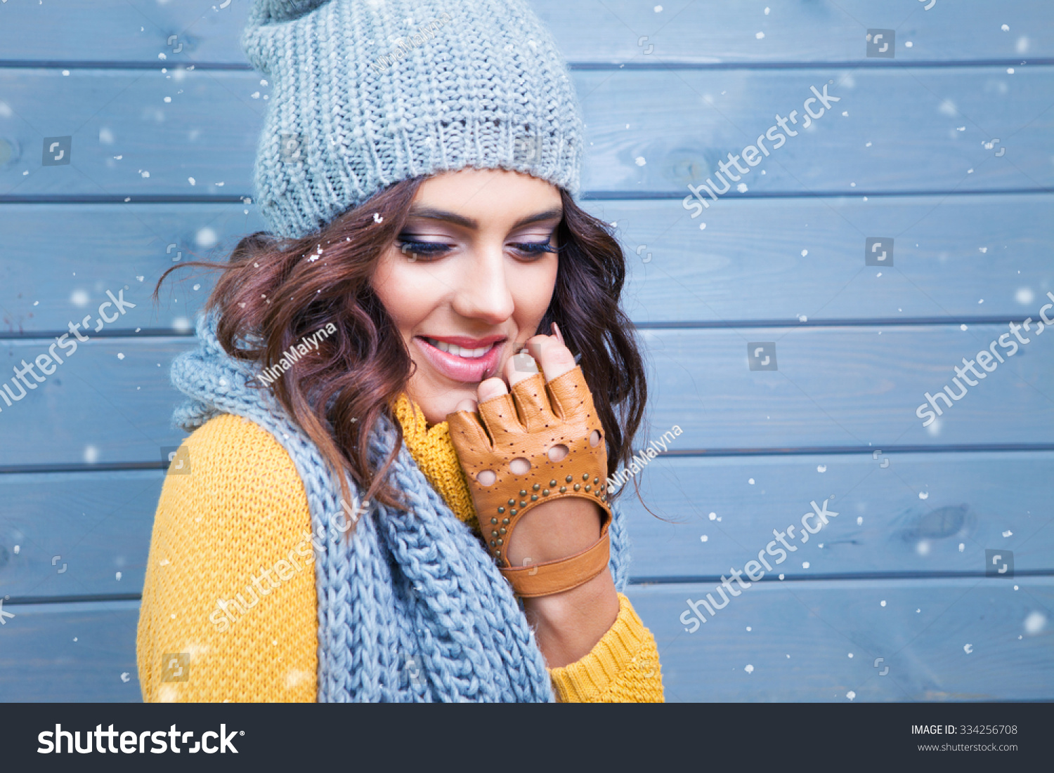 Beautiful Natural Young Smiling Brunette Woman Wearing Knitted Swe