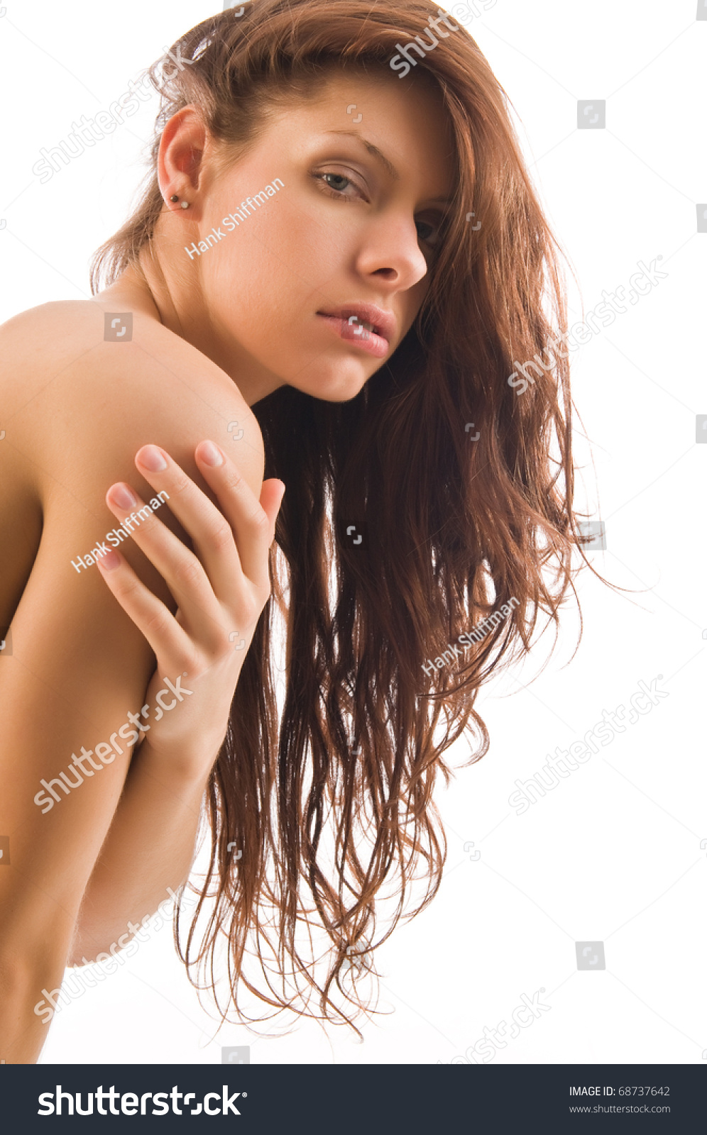 Beautiful Nude Brunette Against White Backdrop Stock Photo 68737642