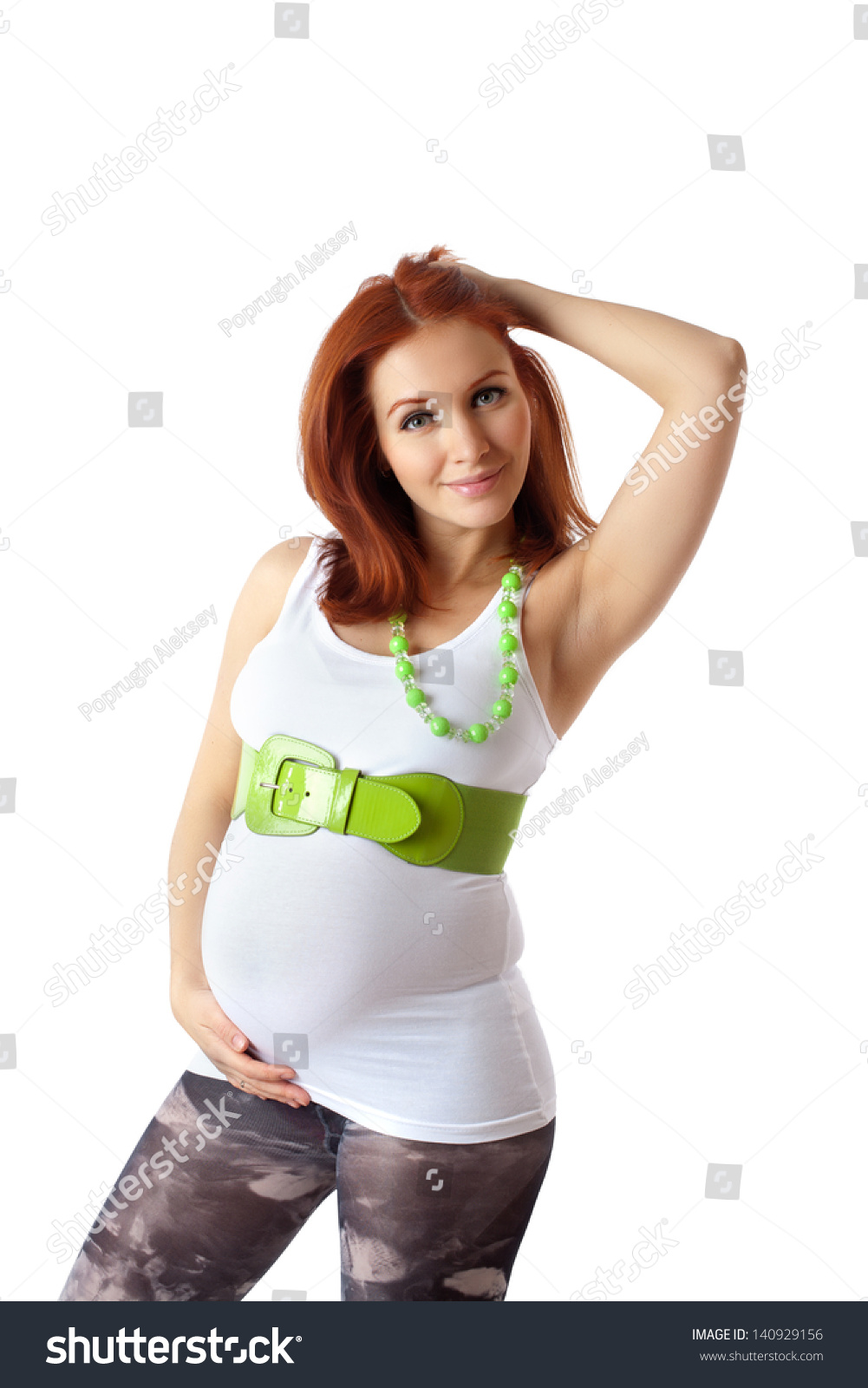 Beautiful Pregnant Redhead Woman Isolated On White