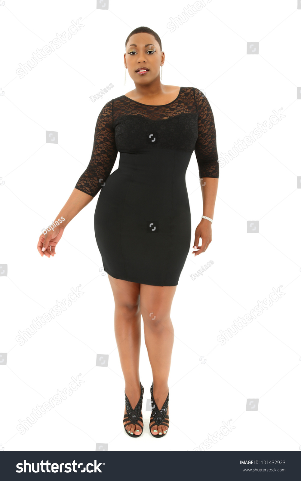 Beautiful Sexy Black Plus Size Model In Black Dress Over