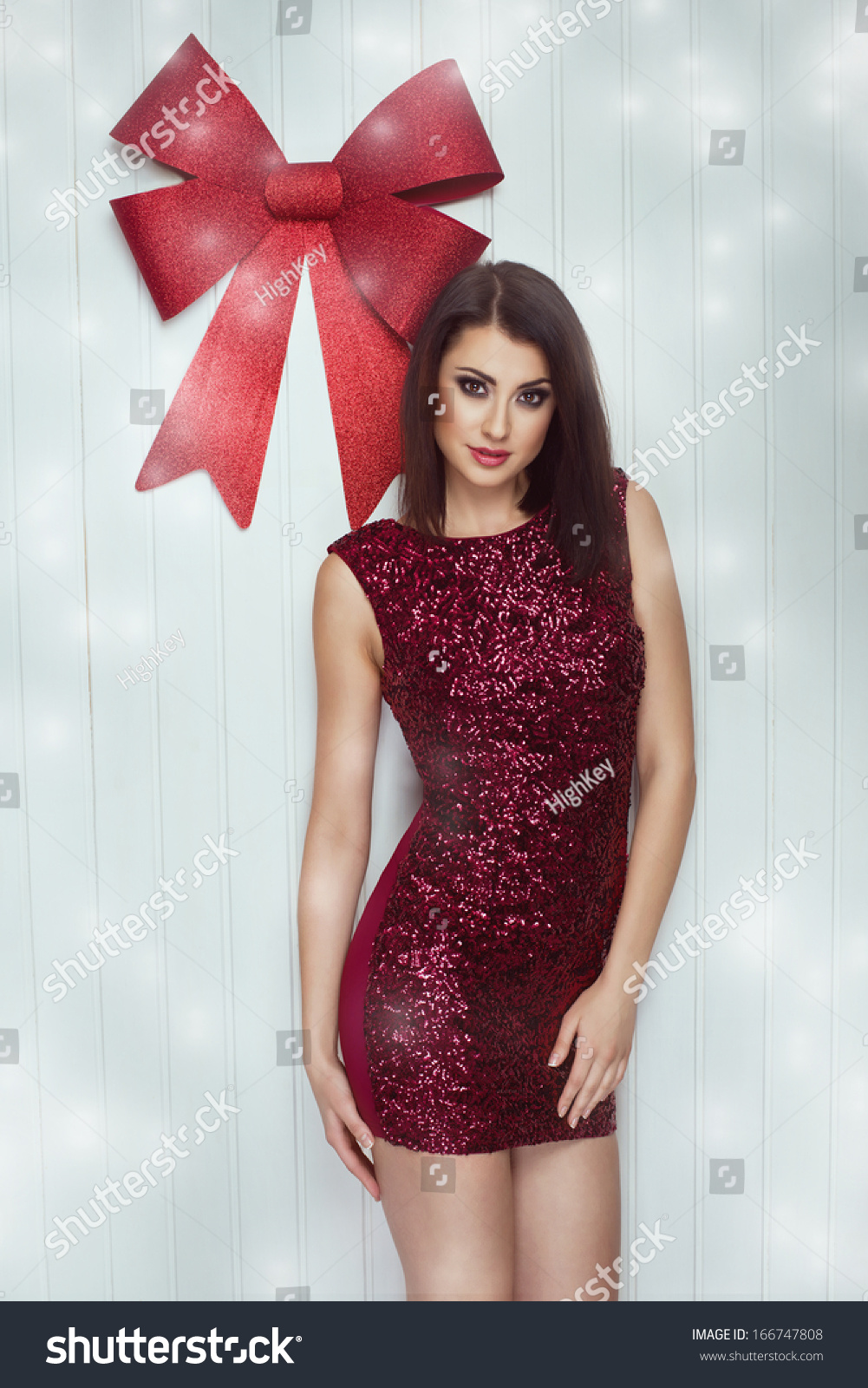 Beautiful Sexy Christmas Woman Glitter Red Stock Photo