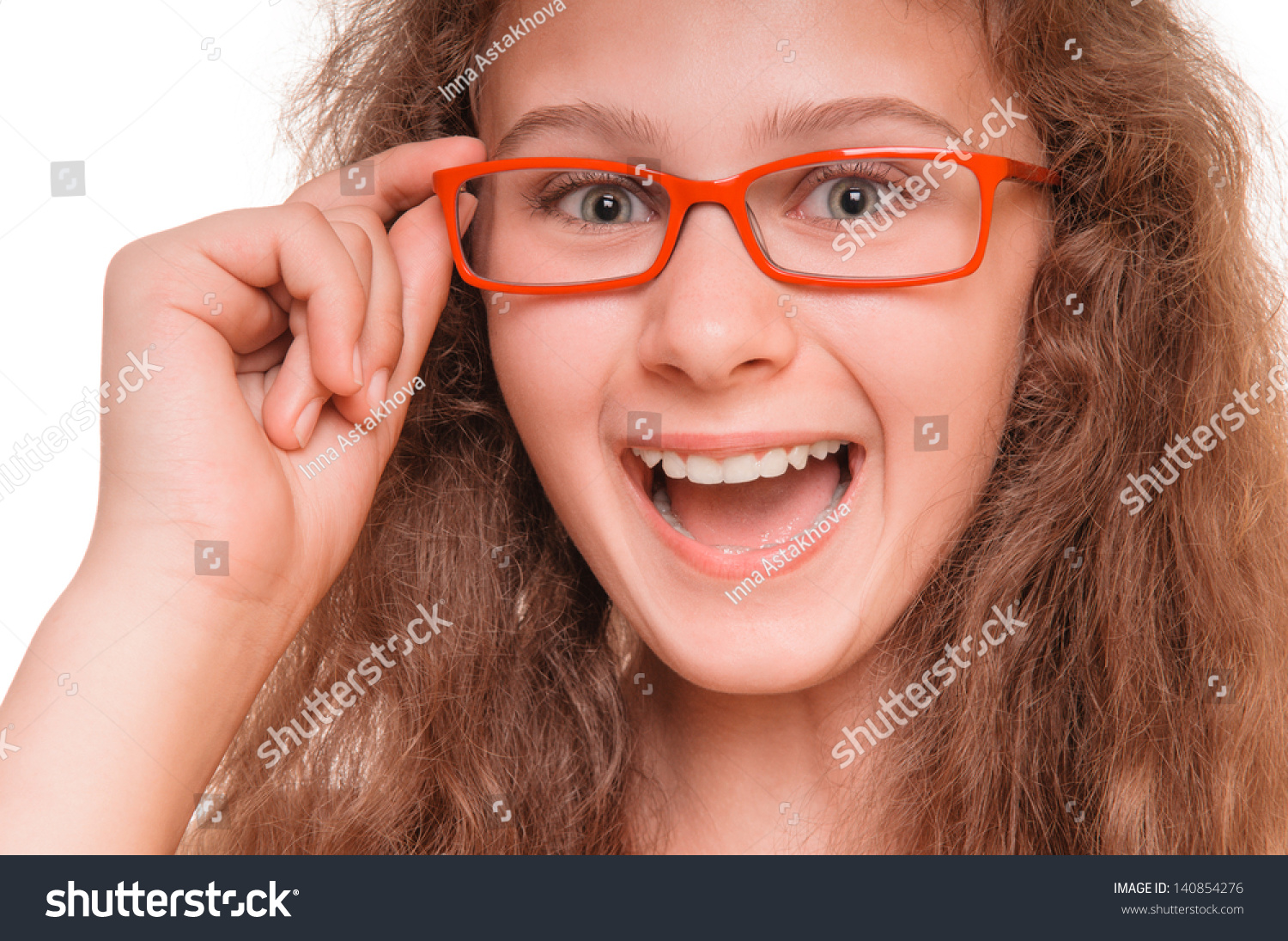 Beautiful Smiling Teenage Girl With Reading Glasses Isolated On White 