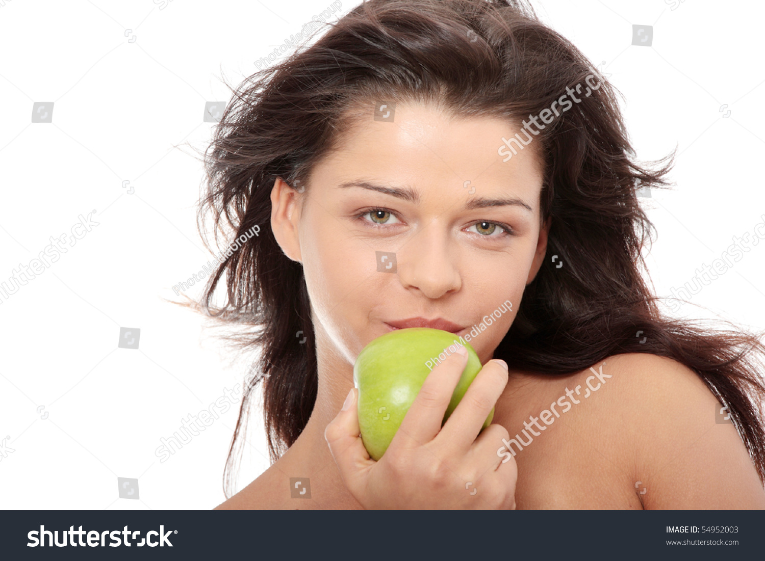 Beautiful Topless Girl With Green Apple Isolated On White Background