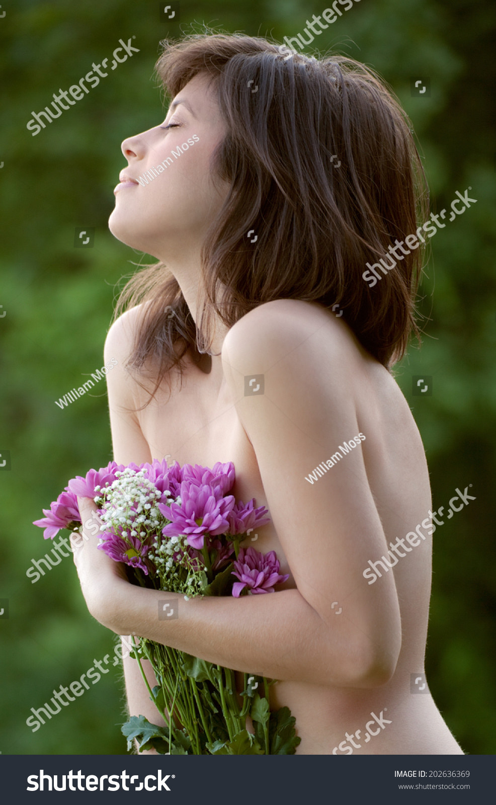 Beautiful Topless Woman Nature Holding Flowers