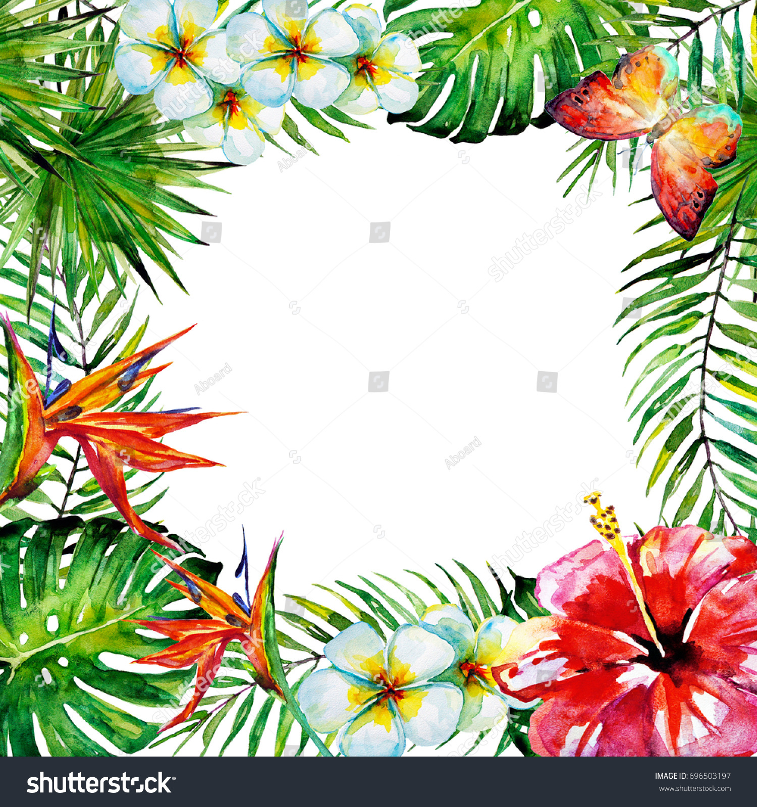 Beautiful Tropical Palm Leaves Flowers Watercolor Stock Illustration