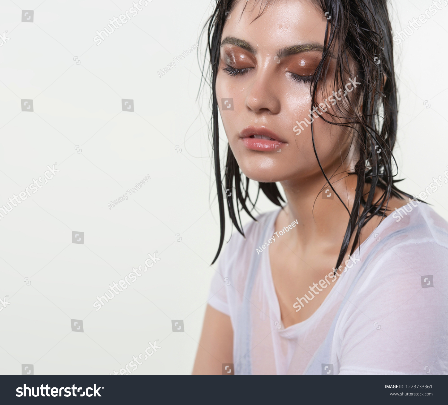 Beautiful Wet Brunette Girl Water Drops Stock Photo
