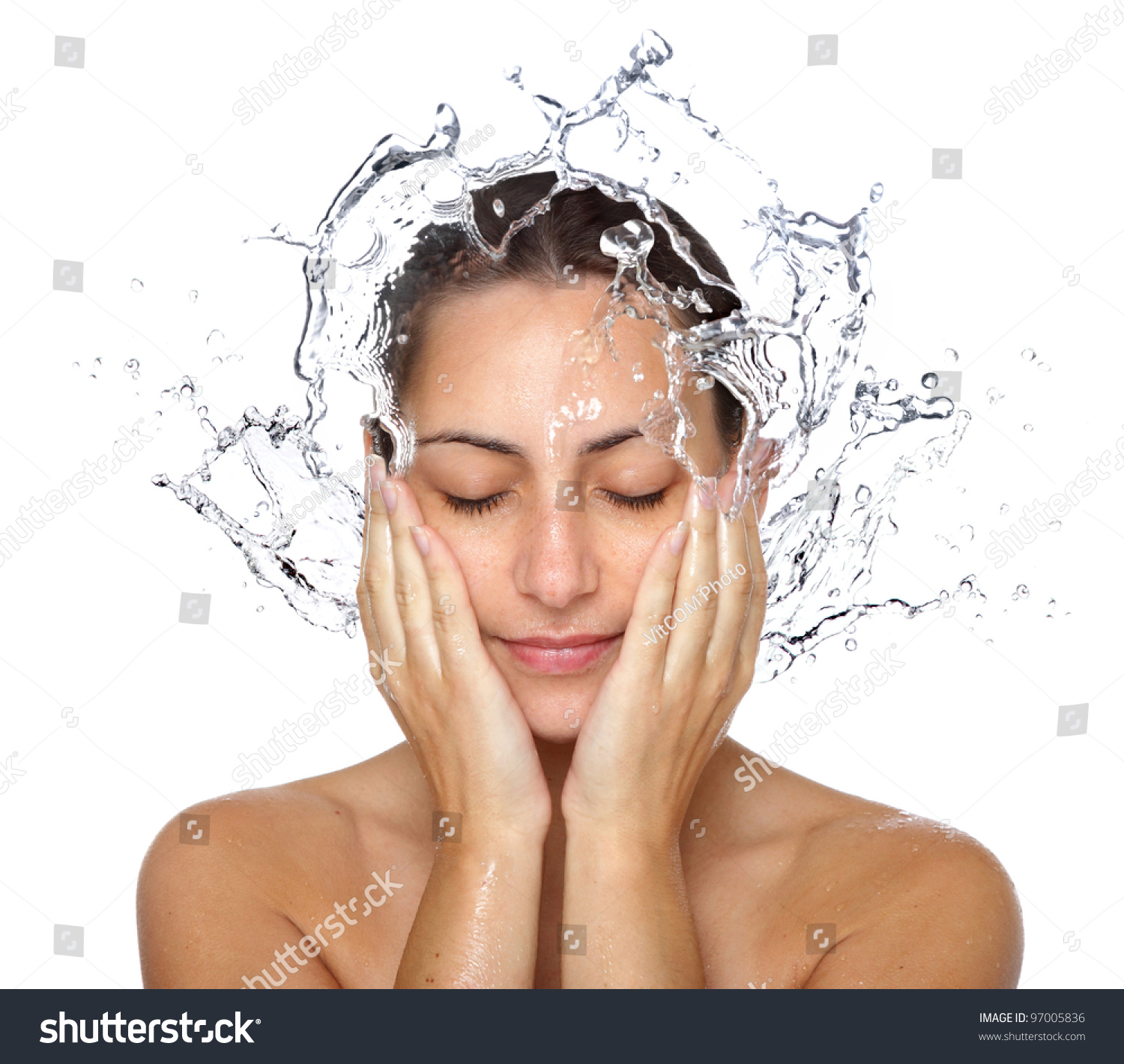 Beautiful Wet Woman Face With Water Drop Close Up Portrait On White