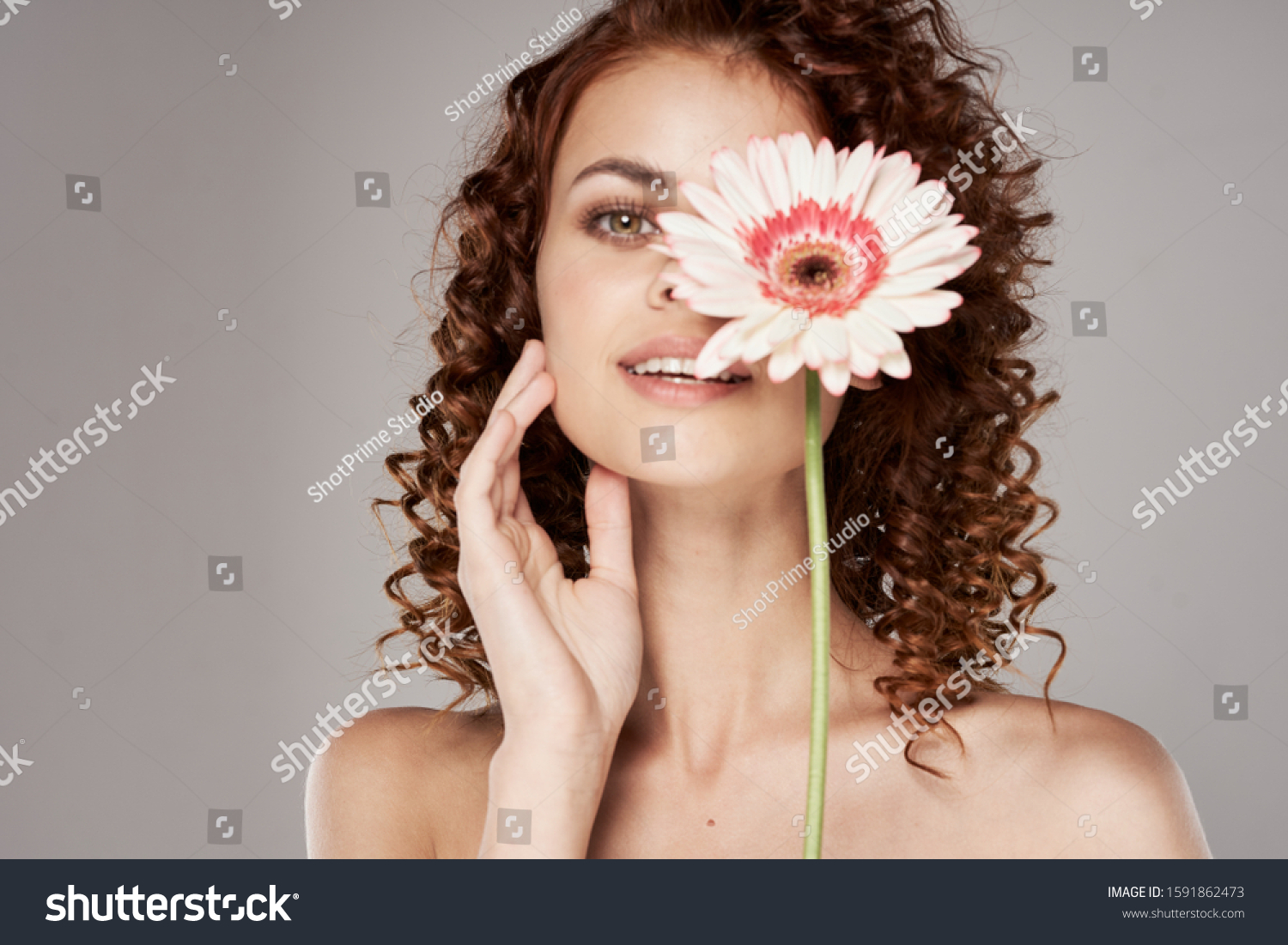 Beautiful Woman Curly Hair Naked Shoulders Stock Photo