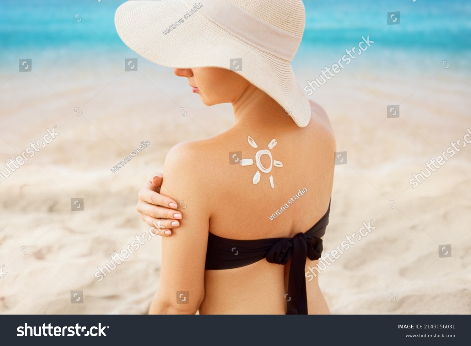 Beautiful Woman Bikini Applying Sun Cream Stock Photo