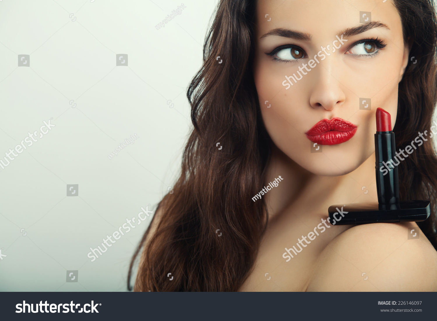 Beautiful Woman Portrait Red Lipstick On Stock Photo