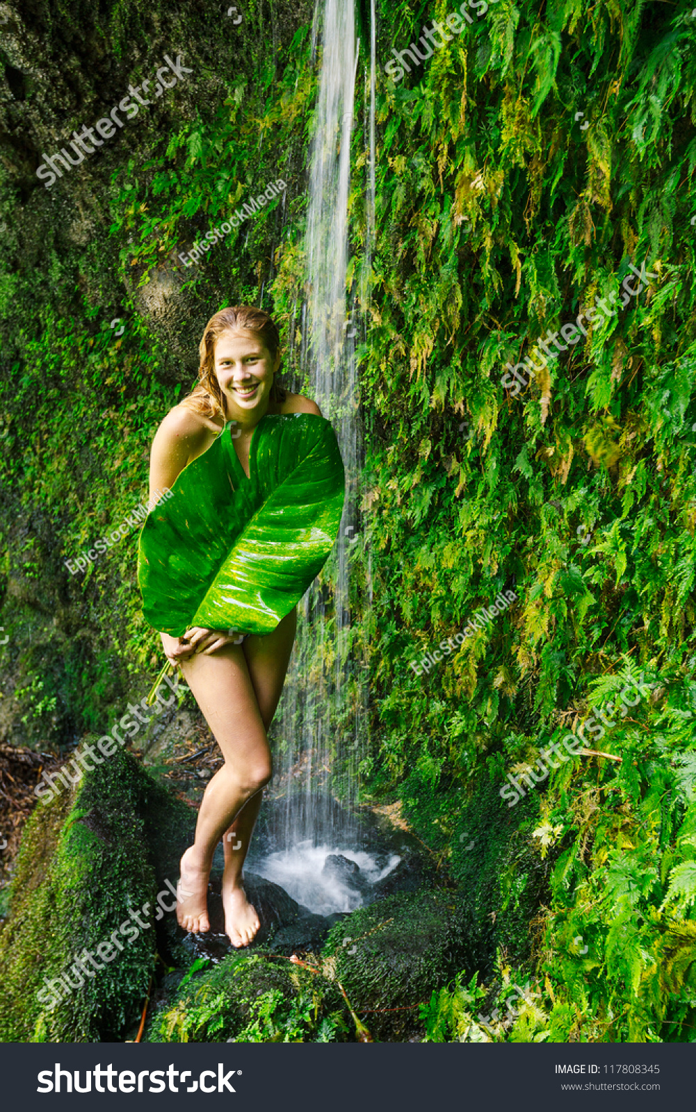 Beautiful Woman Relaxing Under Tropical Waterfall In Hawaii Stock Photo Shutterstock
