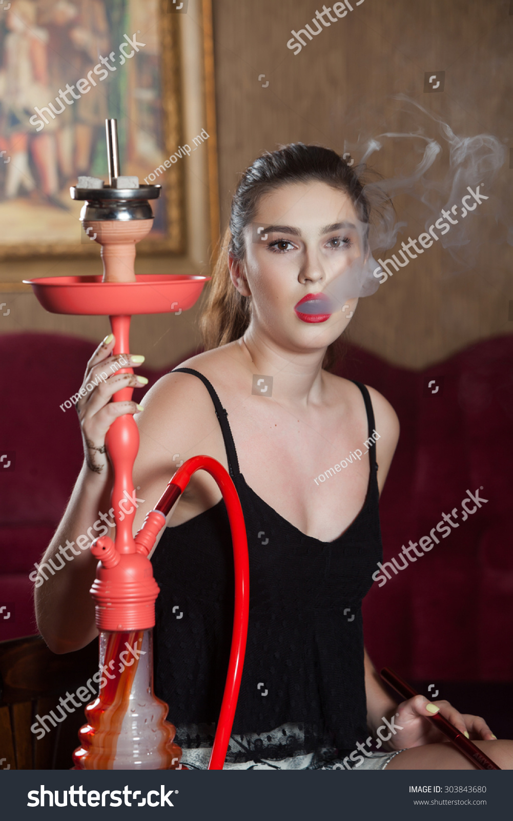 Beautiful Woman Smoking Hookah Bar Beautiful Stock Photo Edit Now