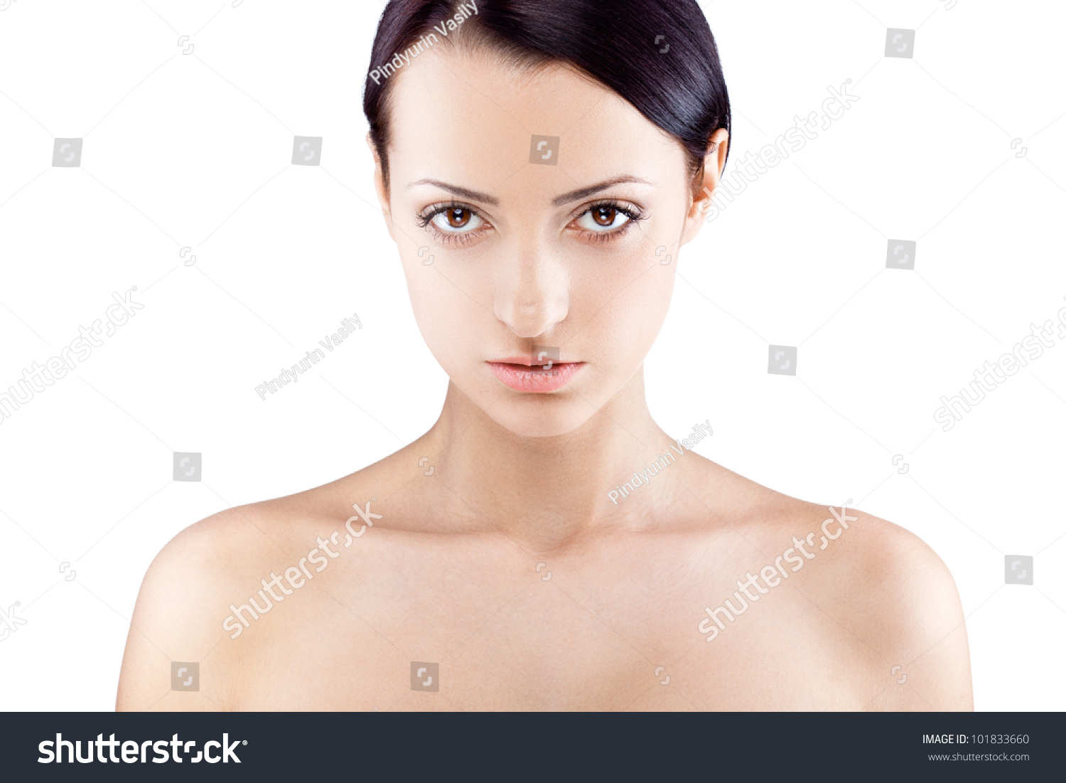 The Beautiful Girl Naked Shoulders Portrait On A Gray 