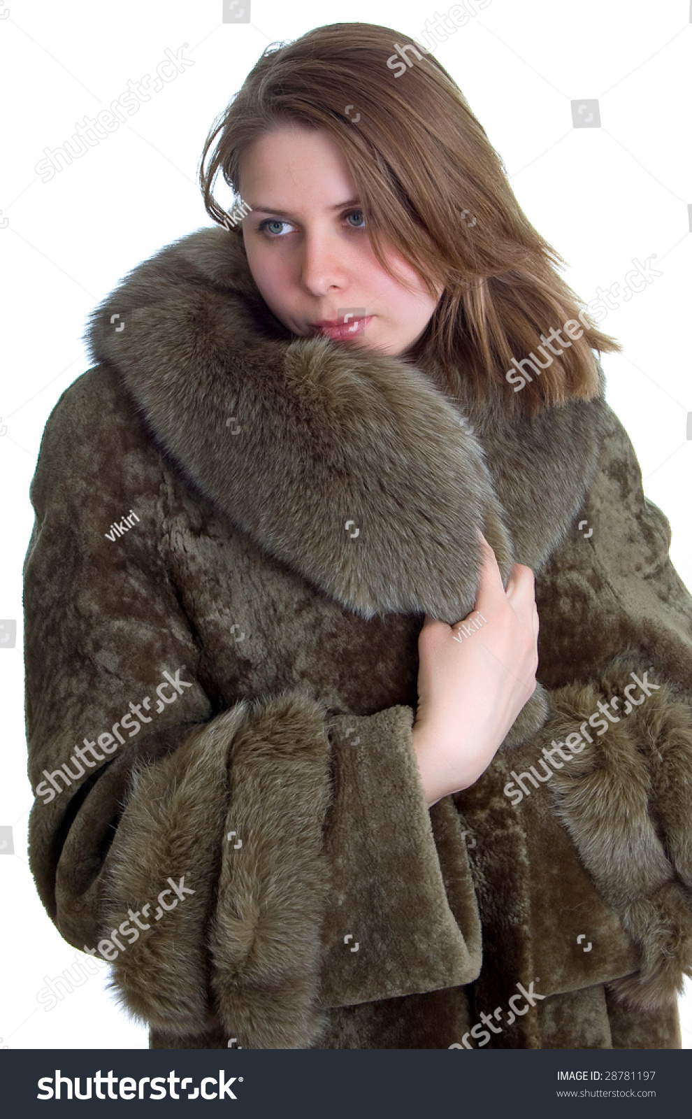 Beautiful Women In A Natural Beaver Lamb Fur Coat Isolation On The