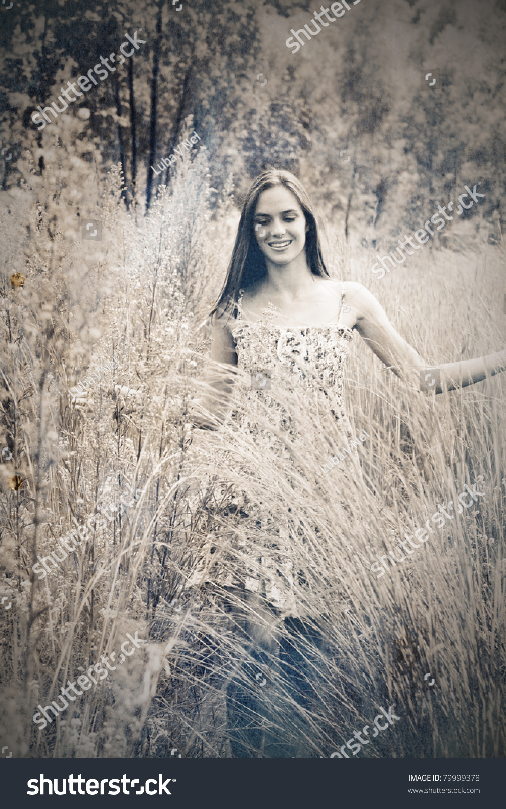 Beautiful Young Brunette Woman In Tall Grass In Summer Meadow Outdoors In Grunge Texture Stock 4824