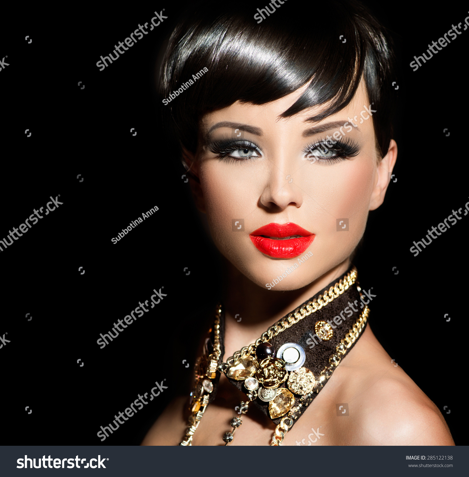 Beauty Fashion Model Girl With Short Hair Rocker Style Brunette Model Portrait Short Haircut 