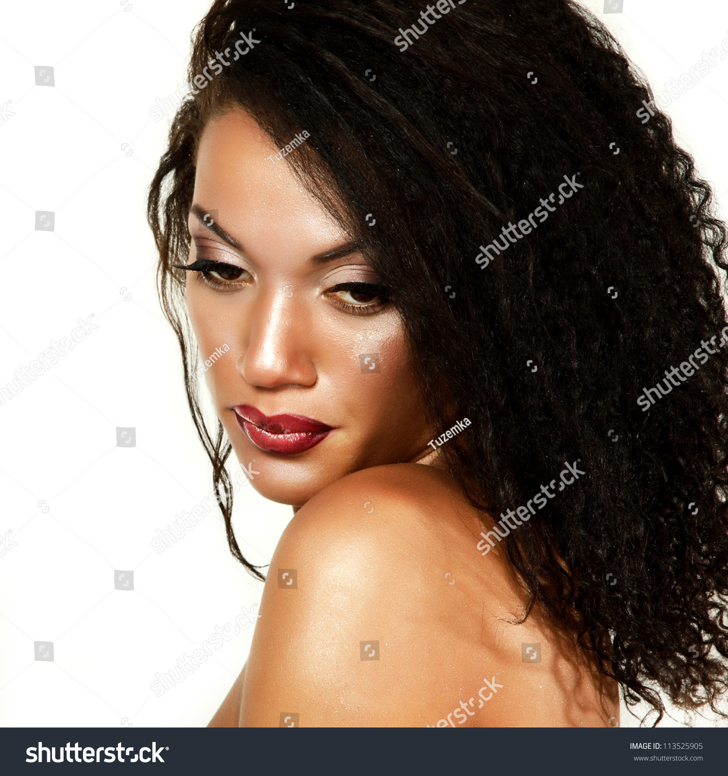 Beauty Portrait Of Young Mulatto Fresh Woman With Beautiful Makeup Over White Background Stock