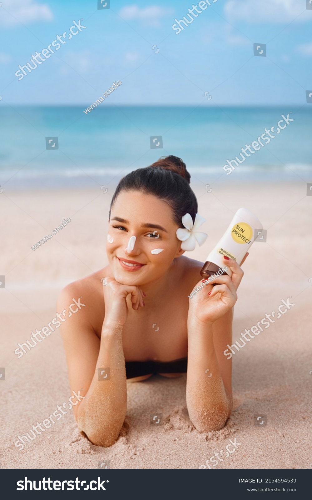 Beauty Woman Bikini Holding Bottles Sunscreen Stock Photo