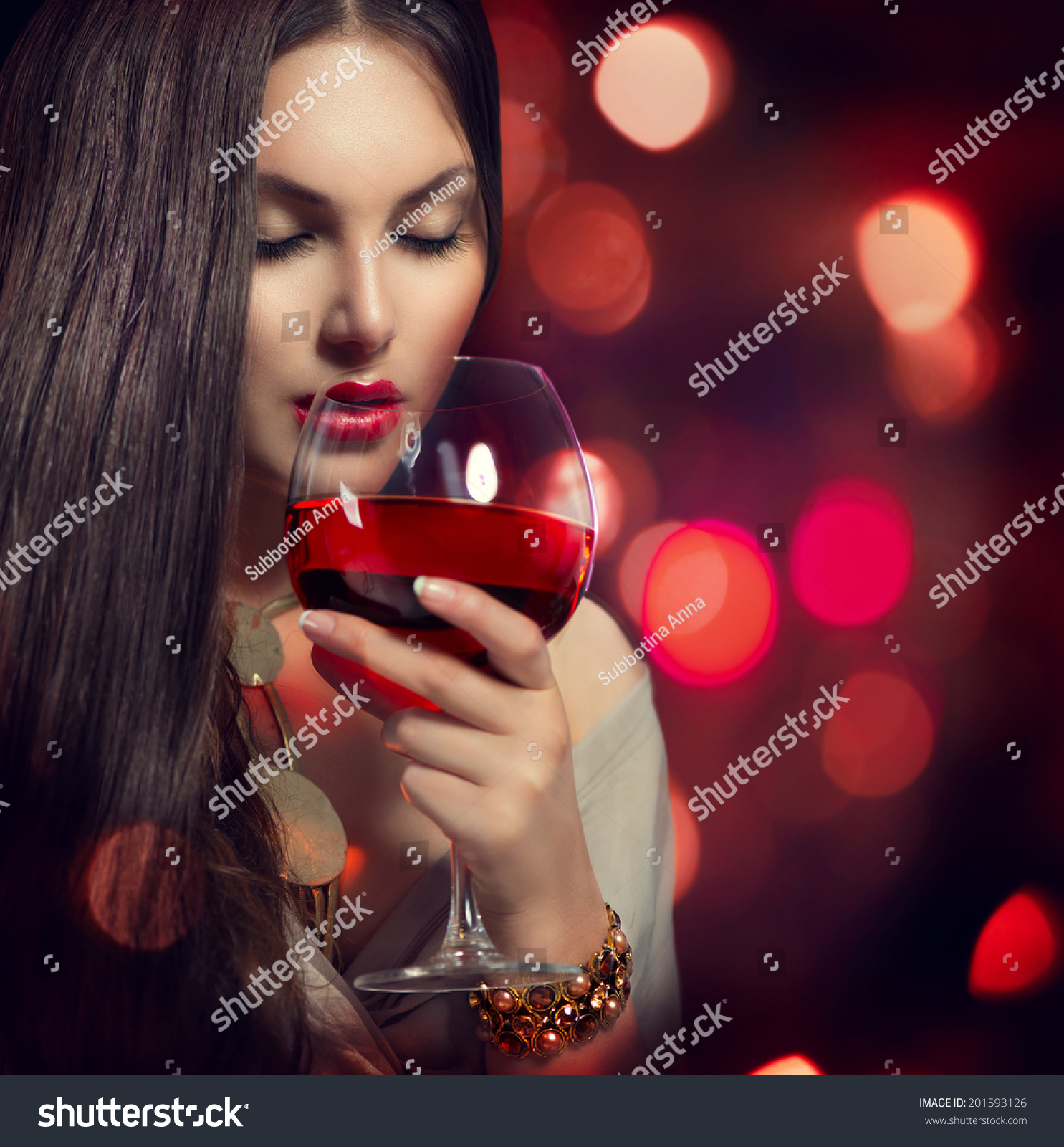 Beauty Young Sexy Woman Drinking Red Wine Over Holiday Blinking Background Beautiful Girl Takes 