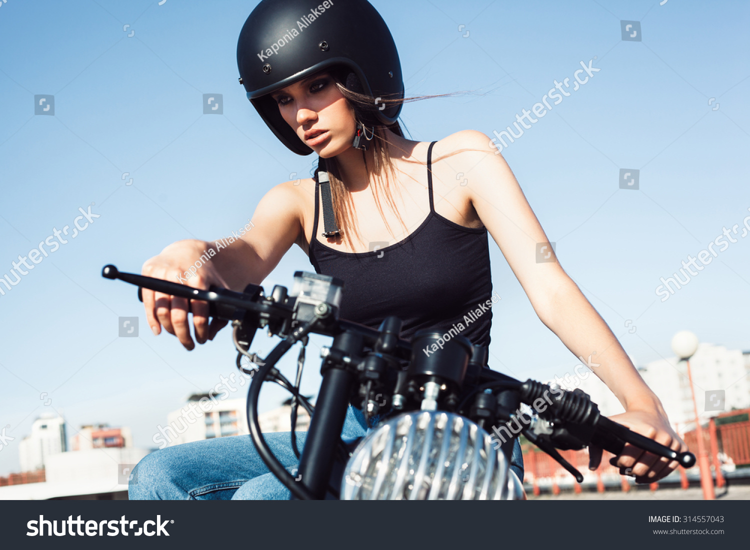 Biker Girl In Helmet Sitting On Vintage Custom Motorcycle Outdoor Lifestyle Portrait Stock 2046