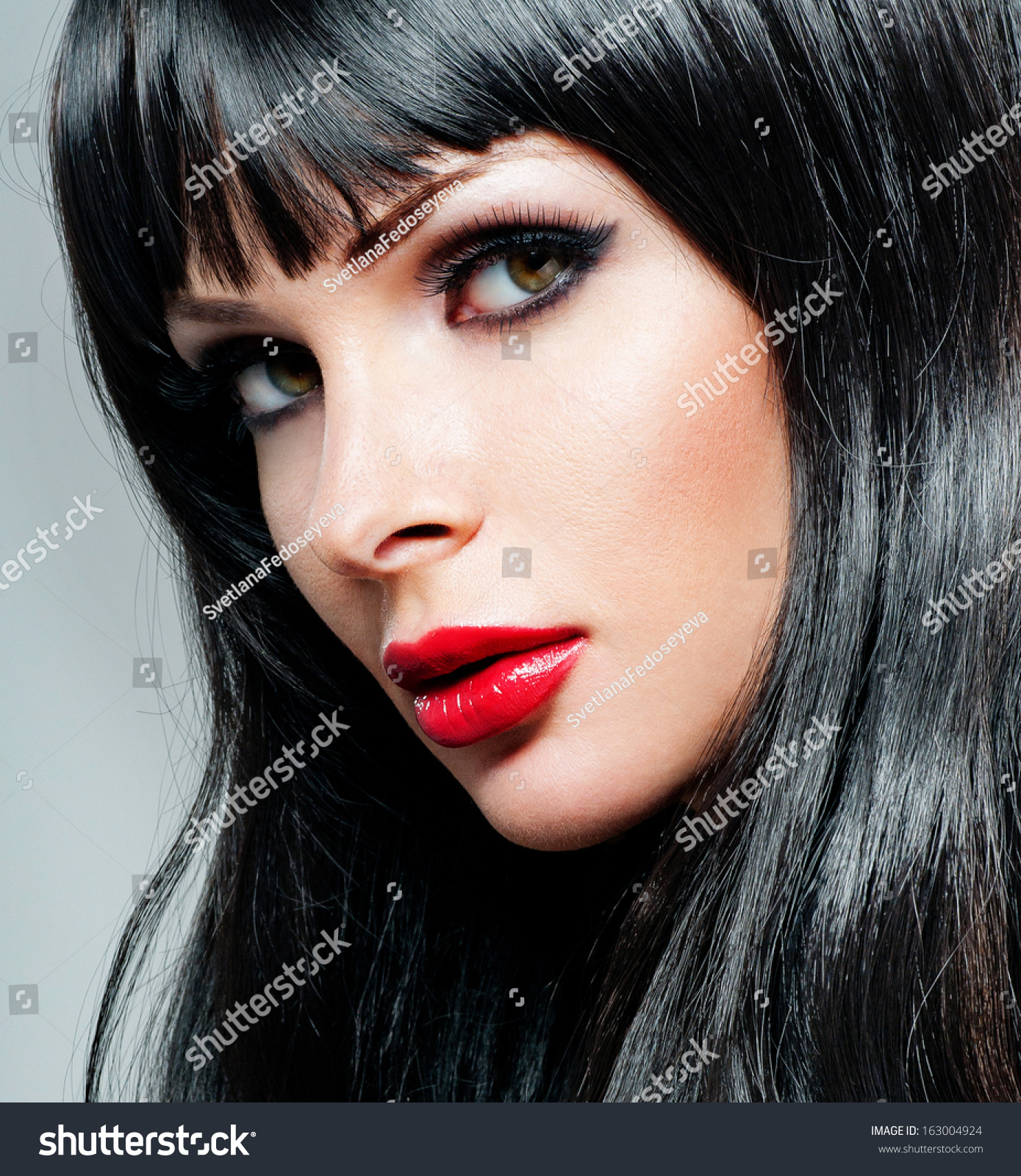 Black Hair Fashion Girl Portrait Long Hair And Red Lipstick Stock