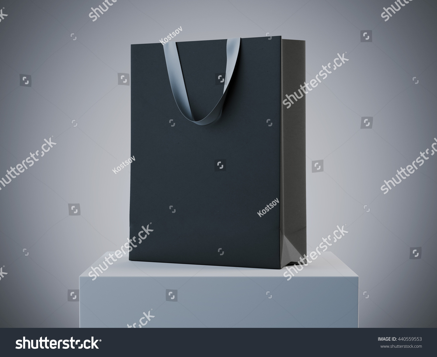Black shopping bag on white podium in studio 3D rendering Black shopping bag on white podium in studio 3D rendering
