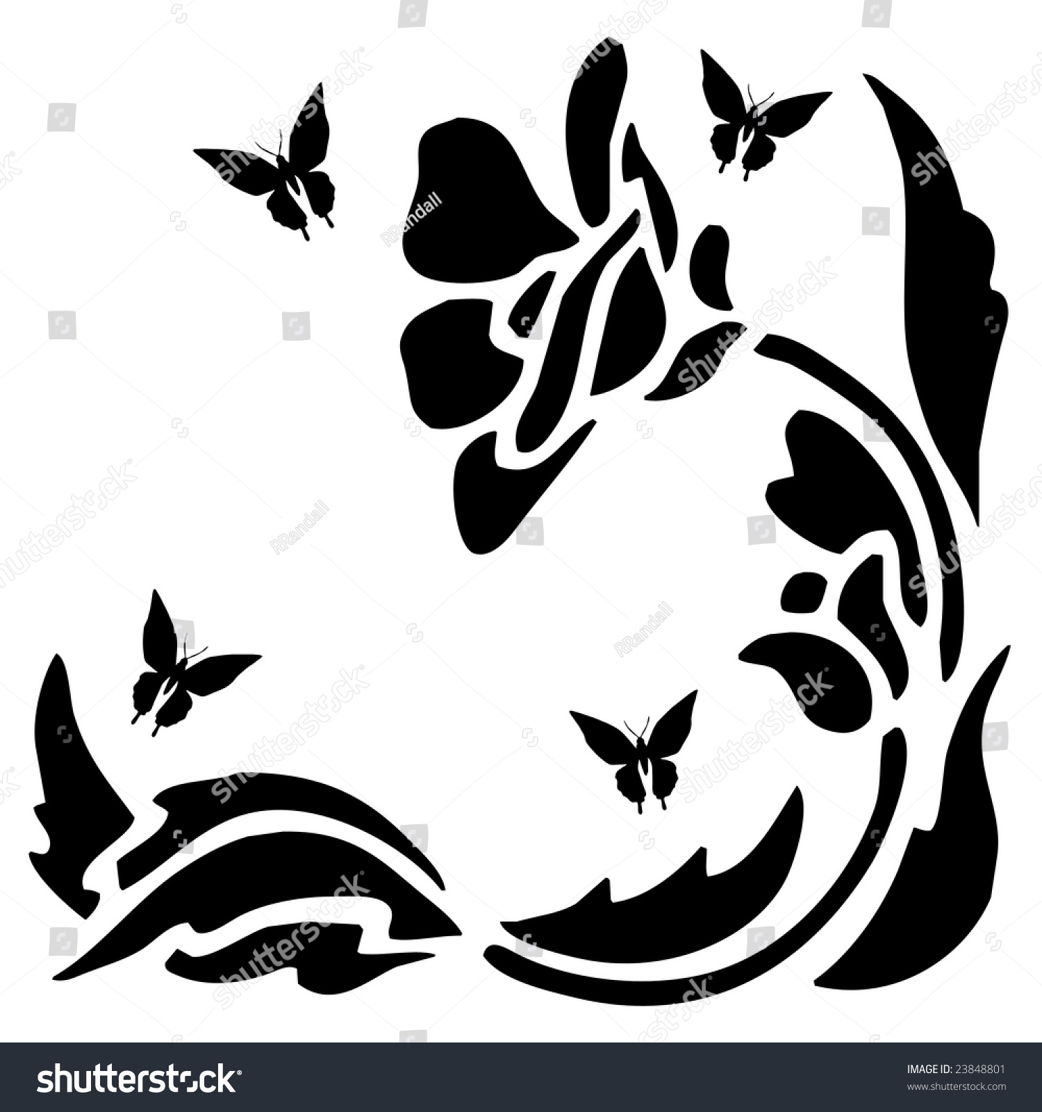 Black Silhouette Butterflies Flowers Stem Leaves Stock ...