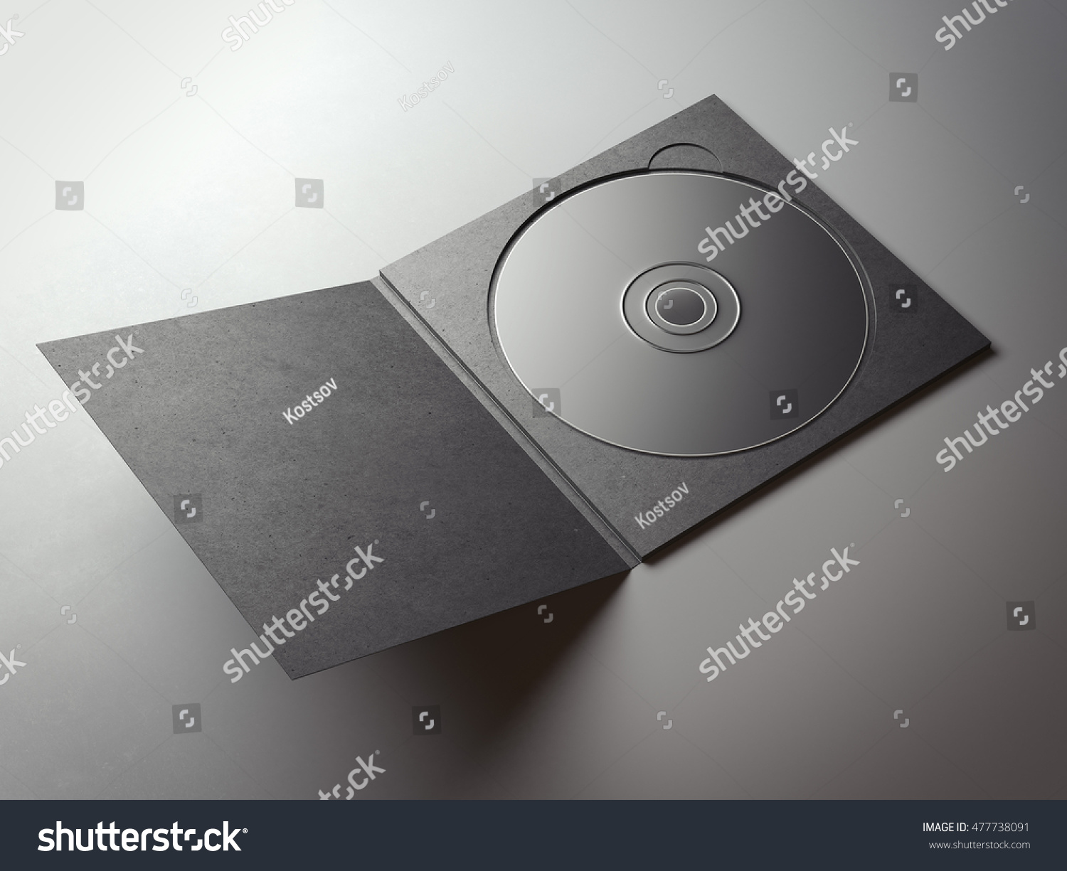 Blank black compact disk cover on gray floor 3D rendering Blank black compact disk cover on gray floor 3D rendering