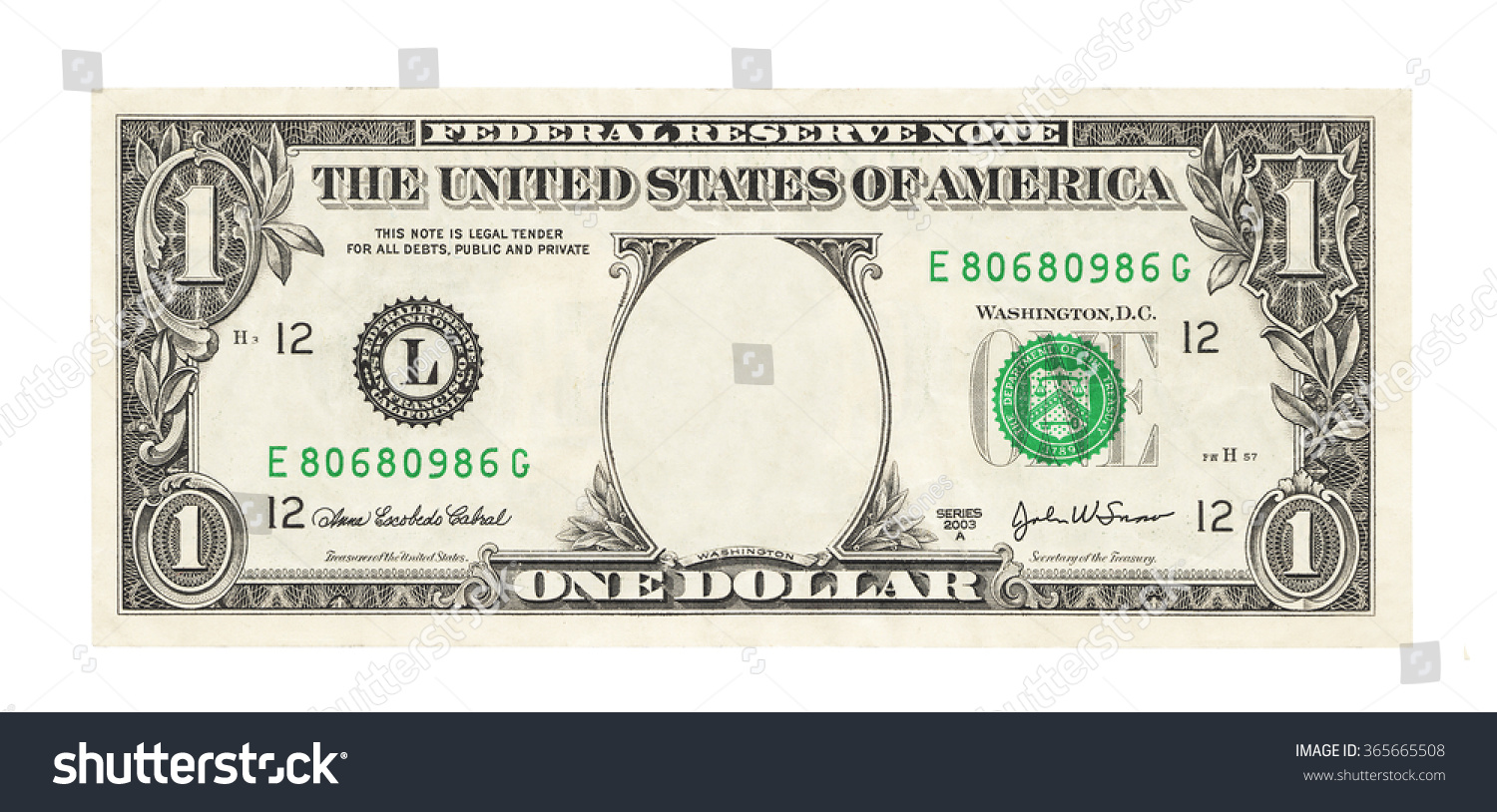 Blank 1 Dollar Banknote Isolated Stock Photo 365665508 : Shutterstock