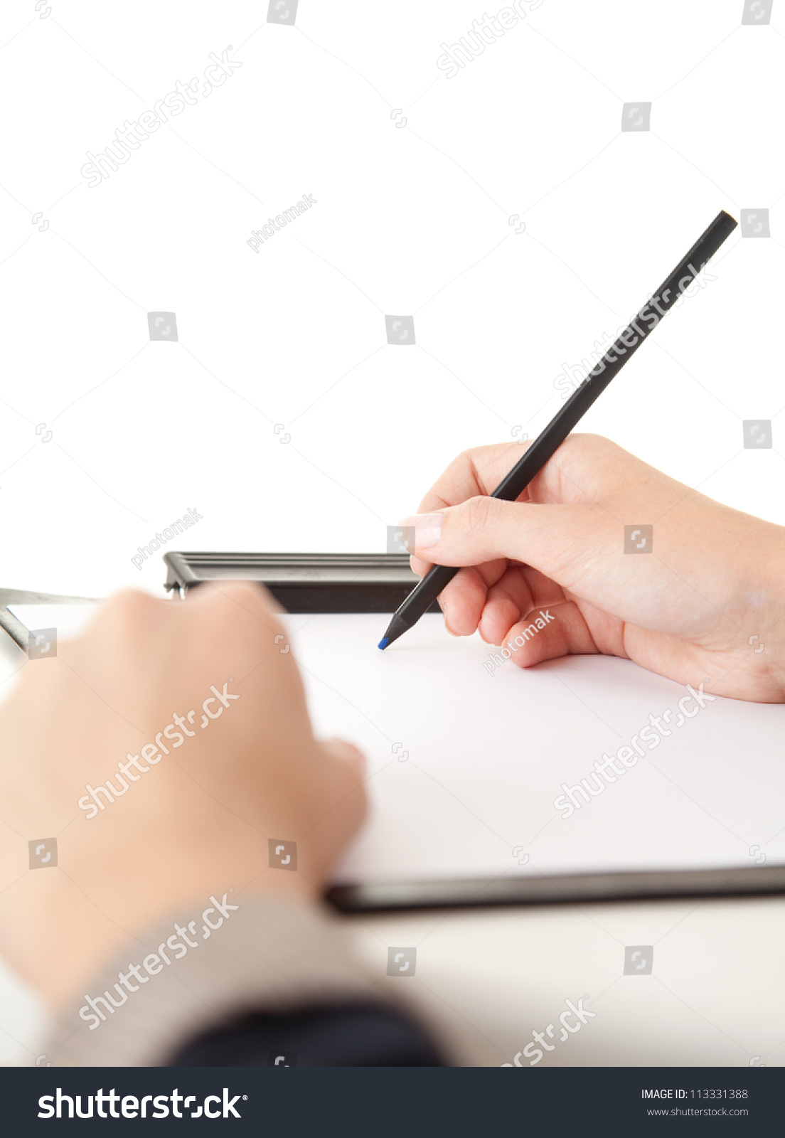 Body Part, Hands Of Writing Woman With Clippboard And Pen, White