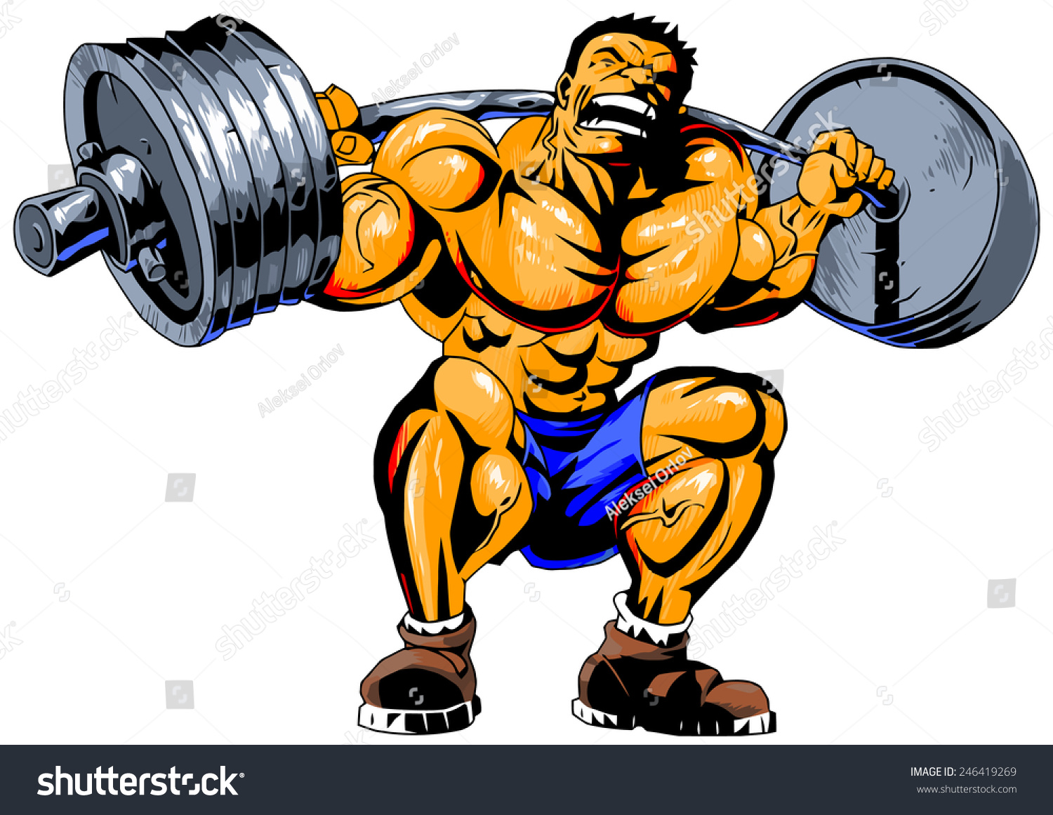 Bodybuilder Back Squat Illustration Color Drawing Isolated On A White