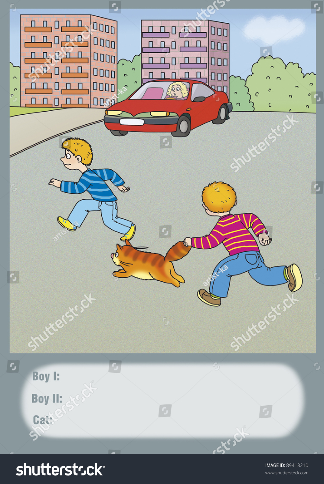 Boys And A Cat Run Across The Road Stock Photo 89413210 : Shutterstock
