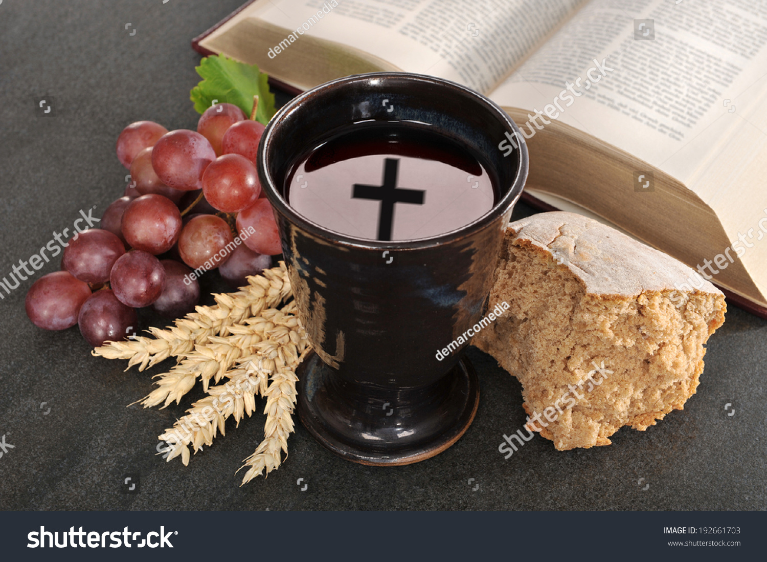 Bread Wine And Bible For Sacrament Or Communion Stock Photo