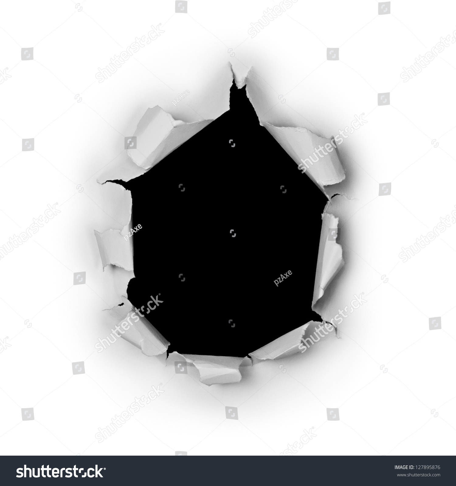 Breakthrough Torn Big Black Hole In Rough Paper Isolated On White