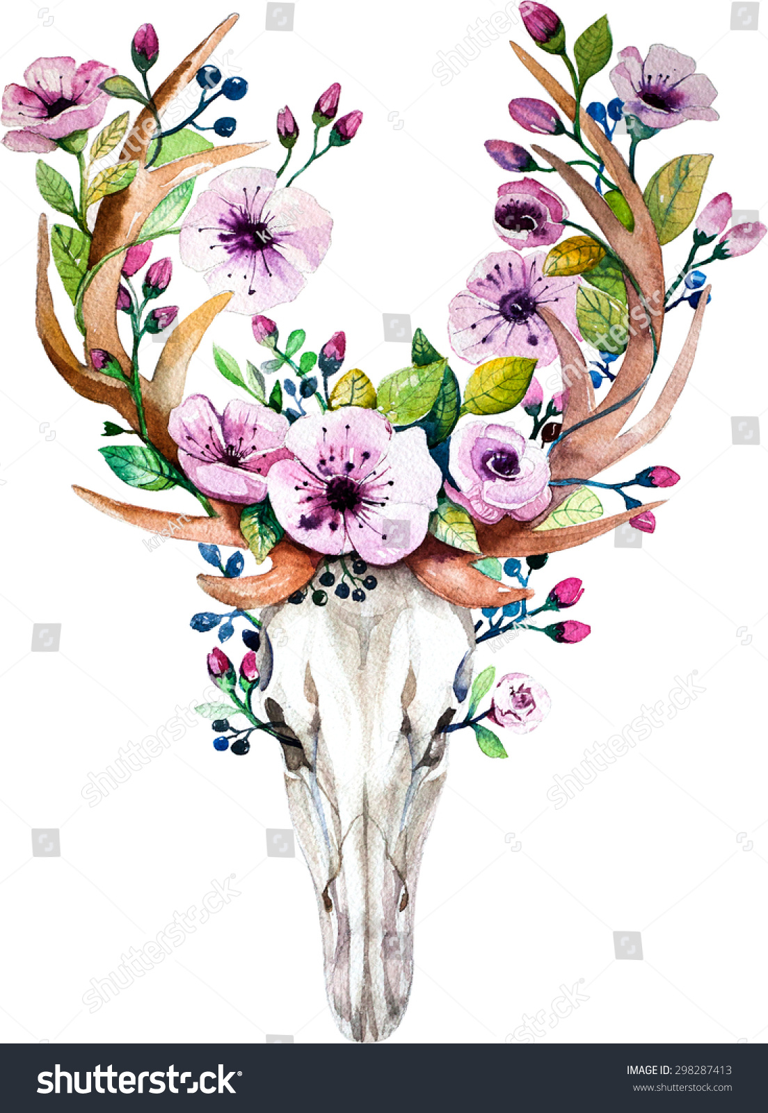 bright watercolor deer skull with flowers deers head with bright watercolor deer skull with flowers deers head with