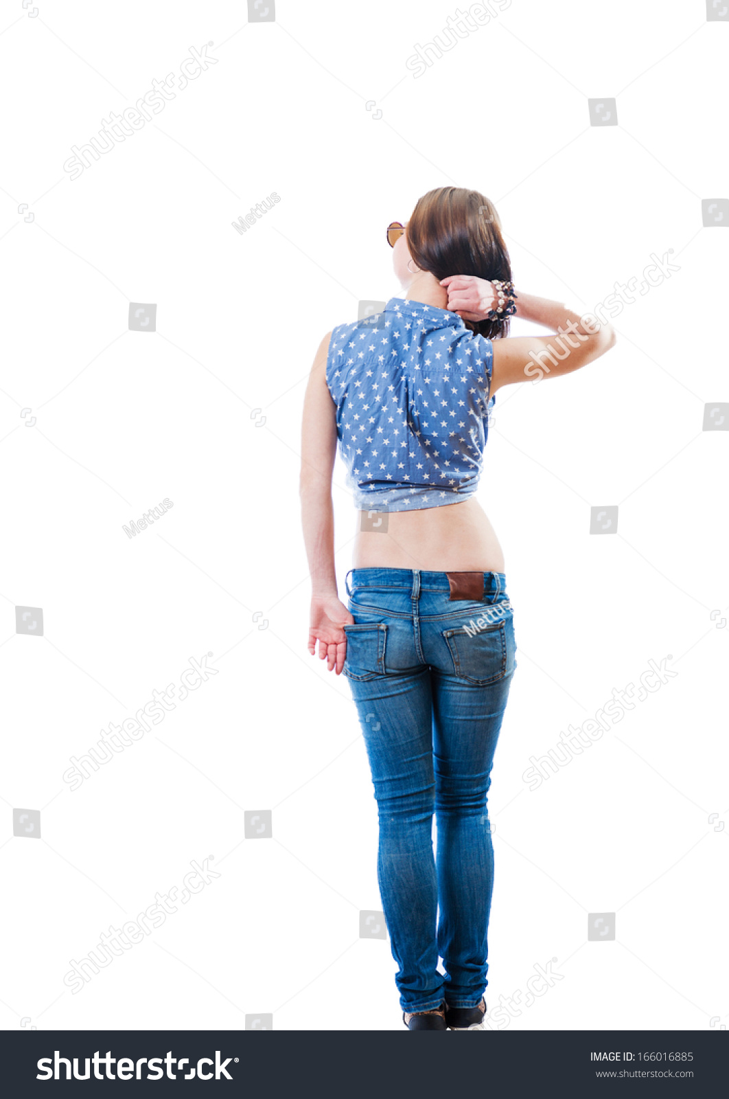 Brunette Female Backside View. Full Body Shot Stock Photo 166016885